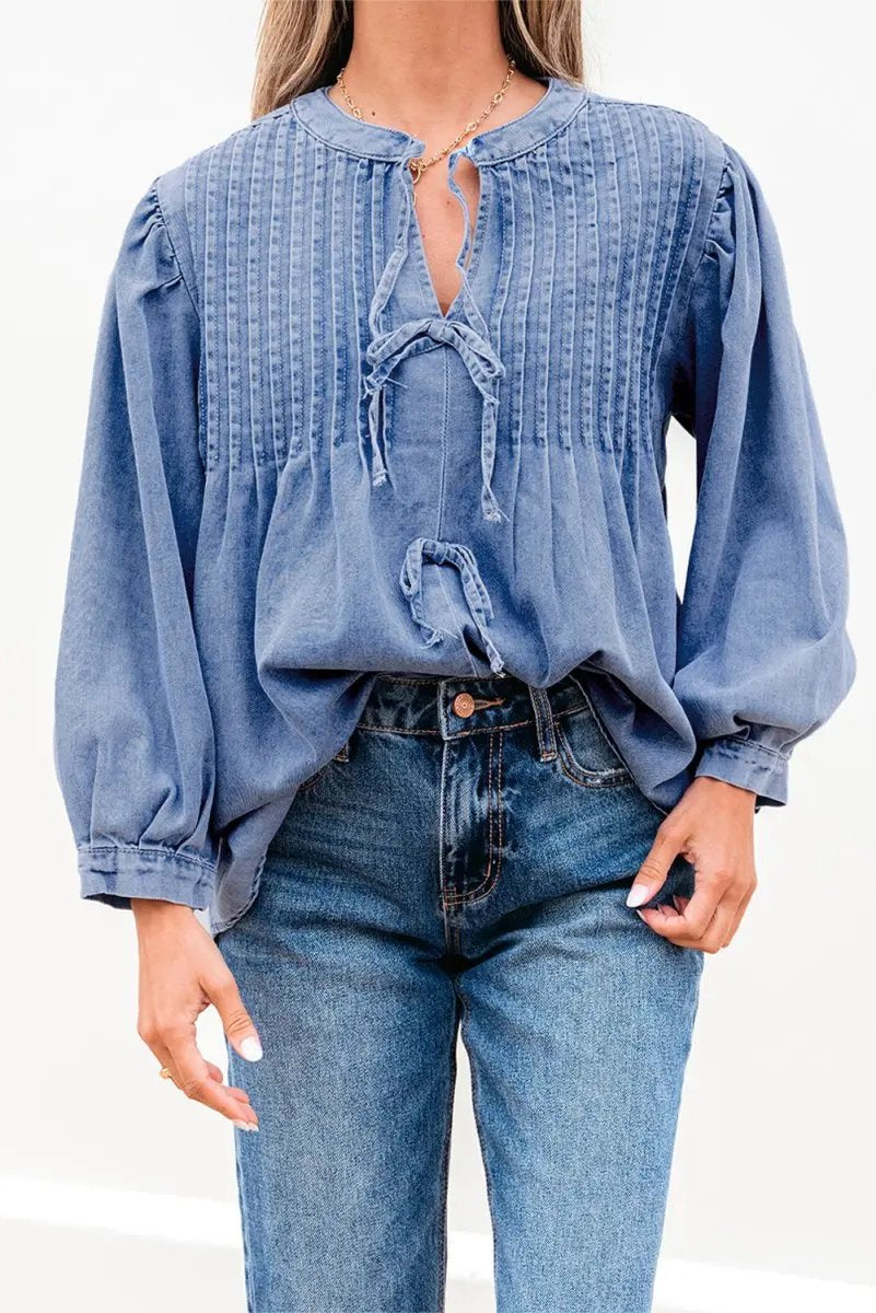 Myosotis Denim Front Pintuck Bow Tie Puff Sleeve Top - Love Salve